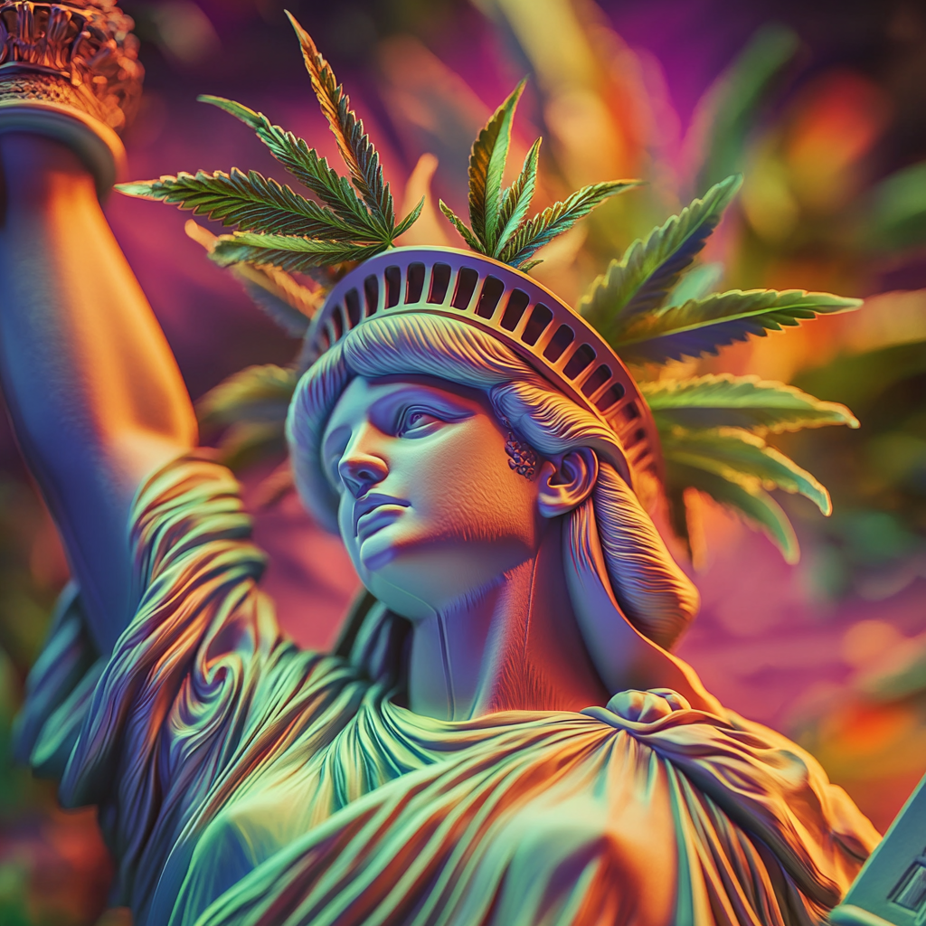 Statue of Liberty close up with cannabis leaves.