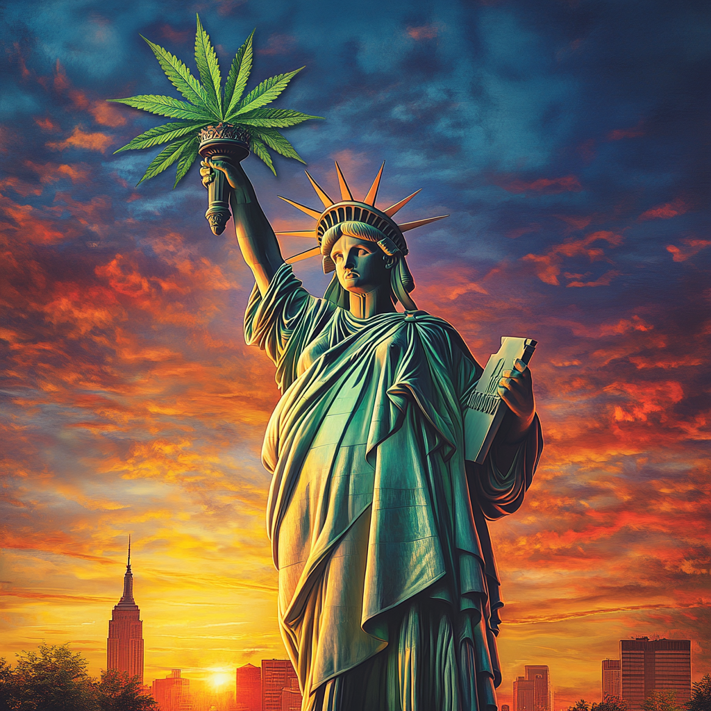 Statue of Liberty photo with cannabis crown under sunrise.