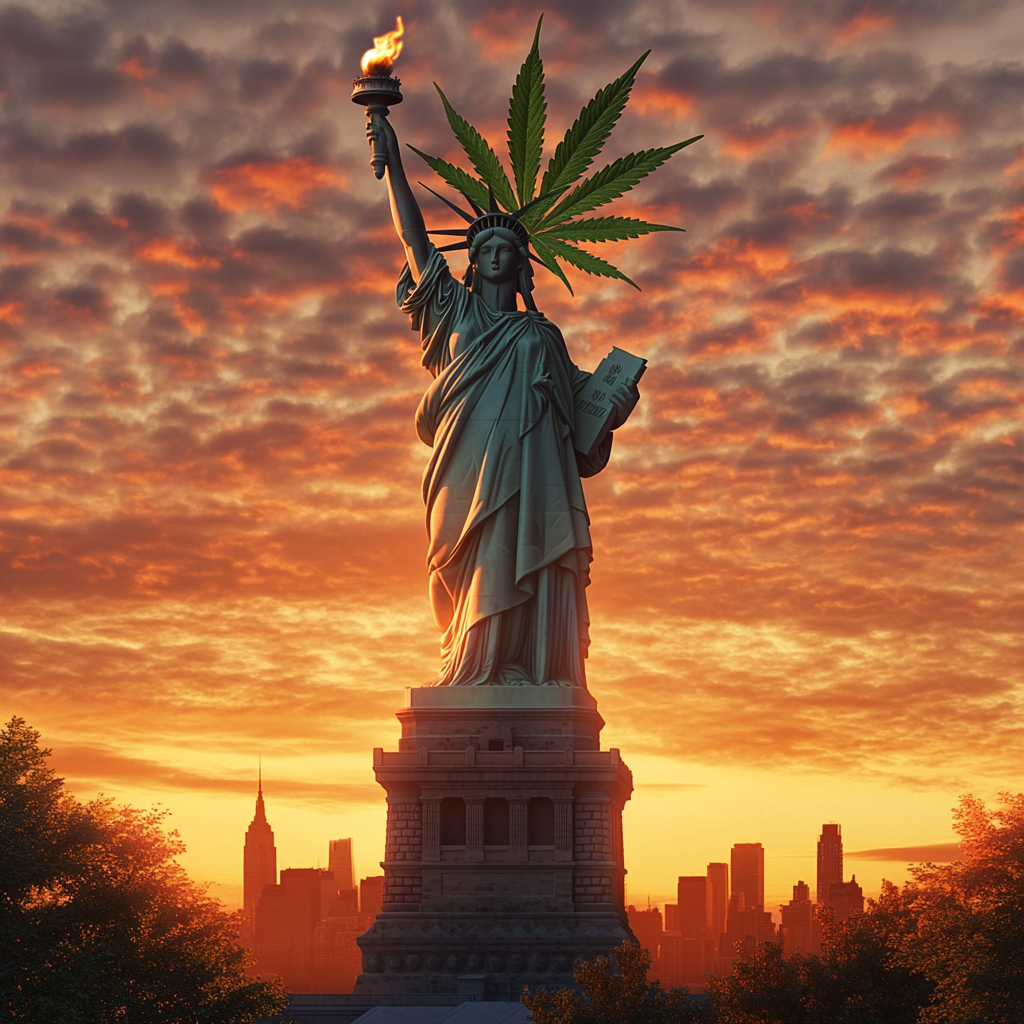 Statue of Liberty with cannabis crown and torch leaf