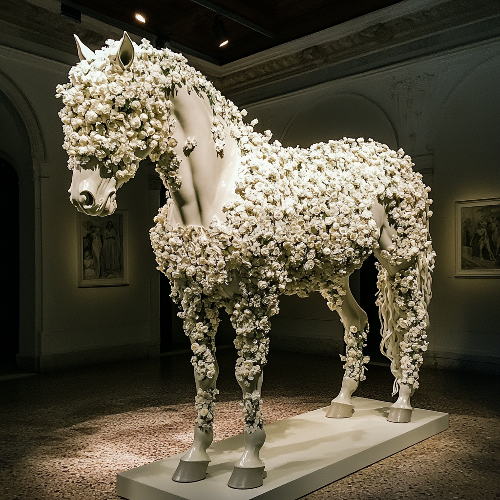 Statue of horse surrounded by flowers in cool lighting.