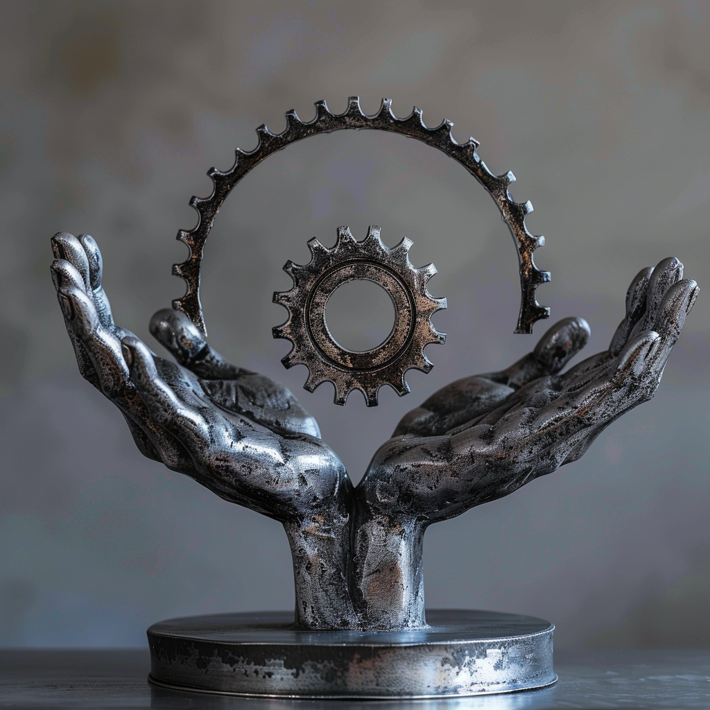 Statue of open hands with floating gear, metallic texture.