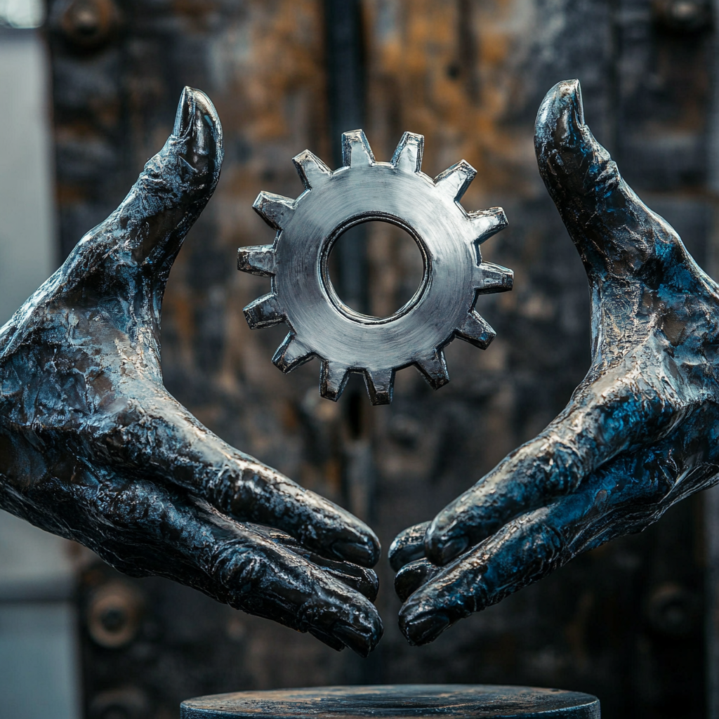 Statues hands facing each other with floating silver gear.