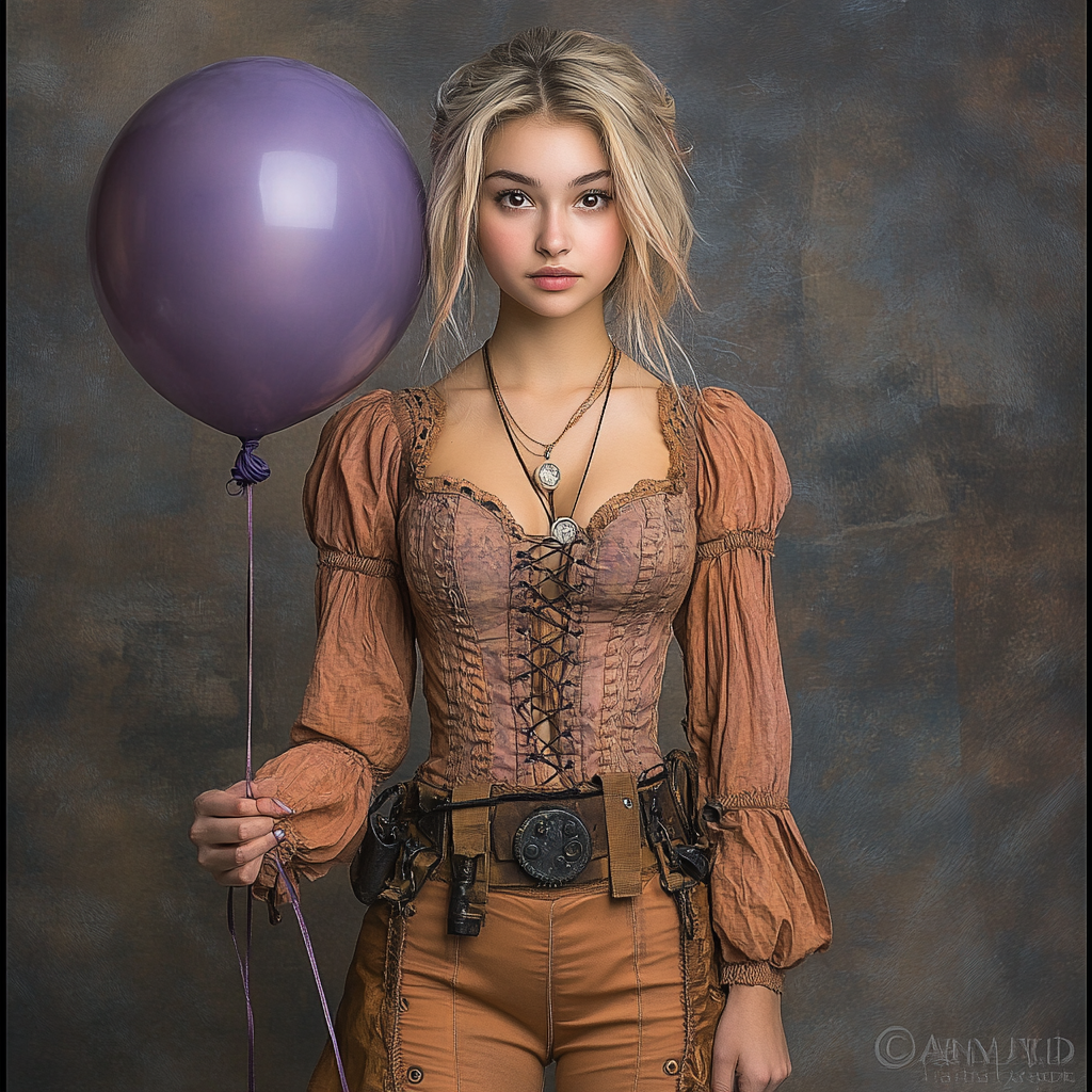 Steam Punk Lady Inflating Big Balloon with Pink Hair