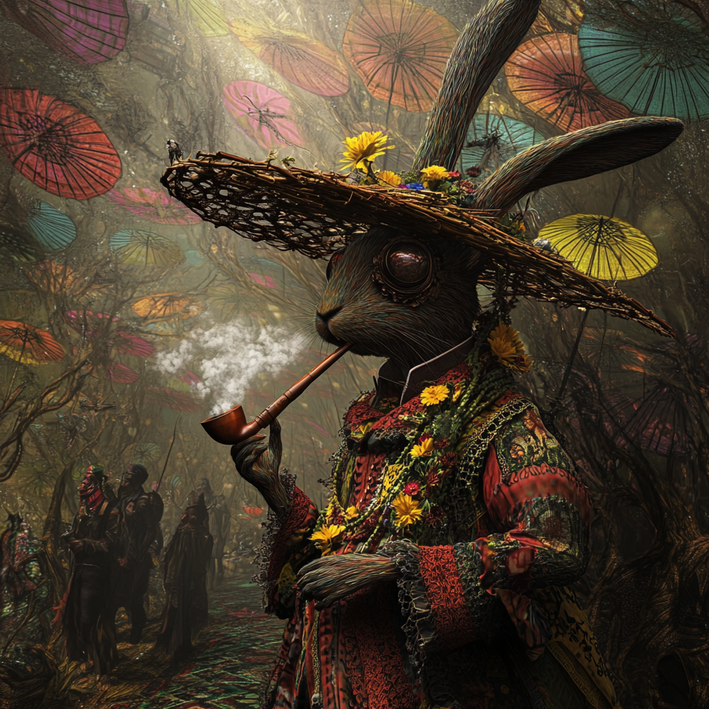 Steam punk rabbit in fantastical forest with umbrellas