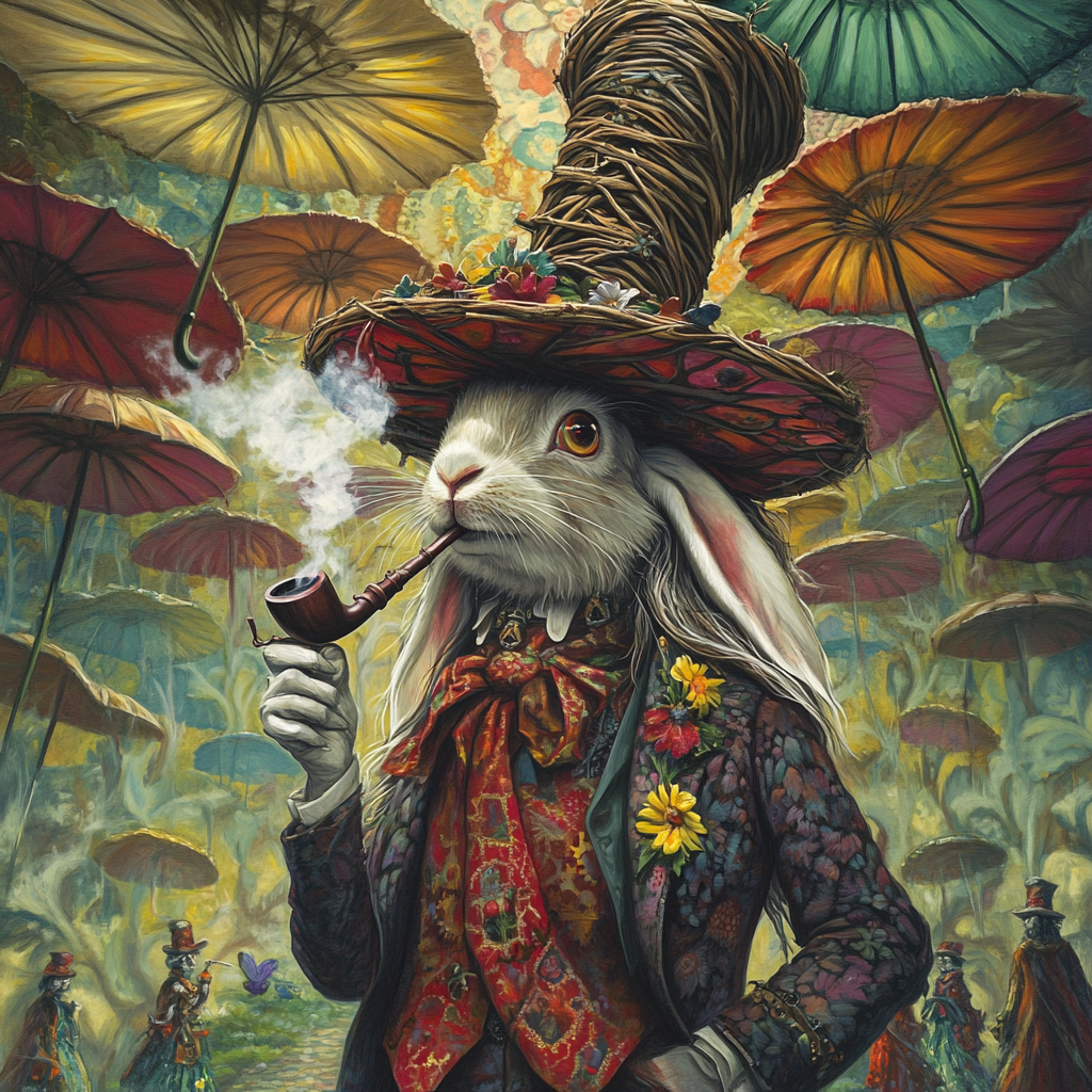 Steam punk rabbit with pipe in abstract forest perspective.