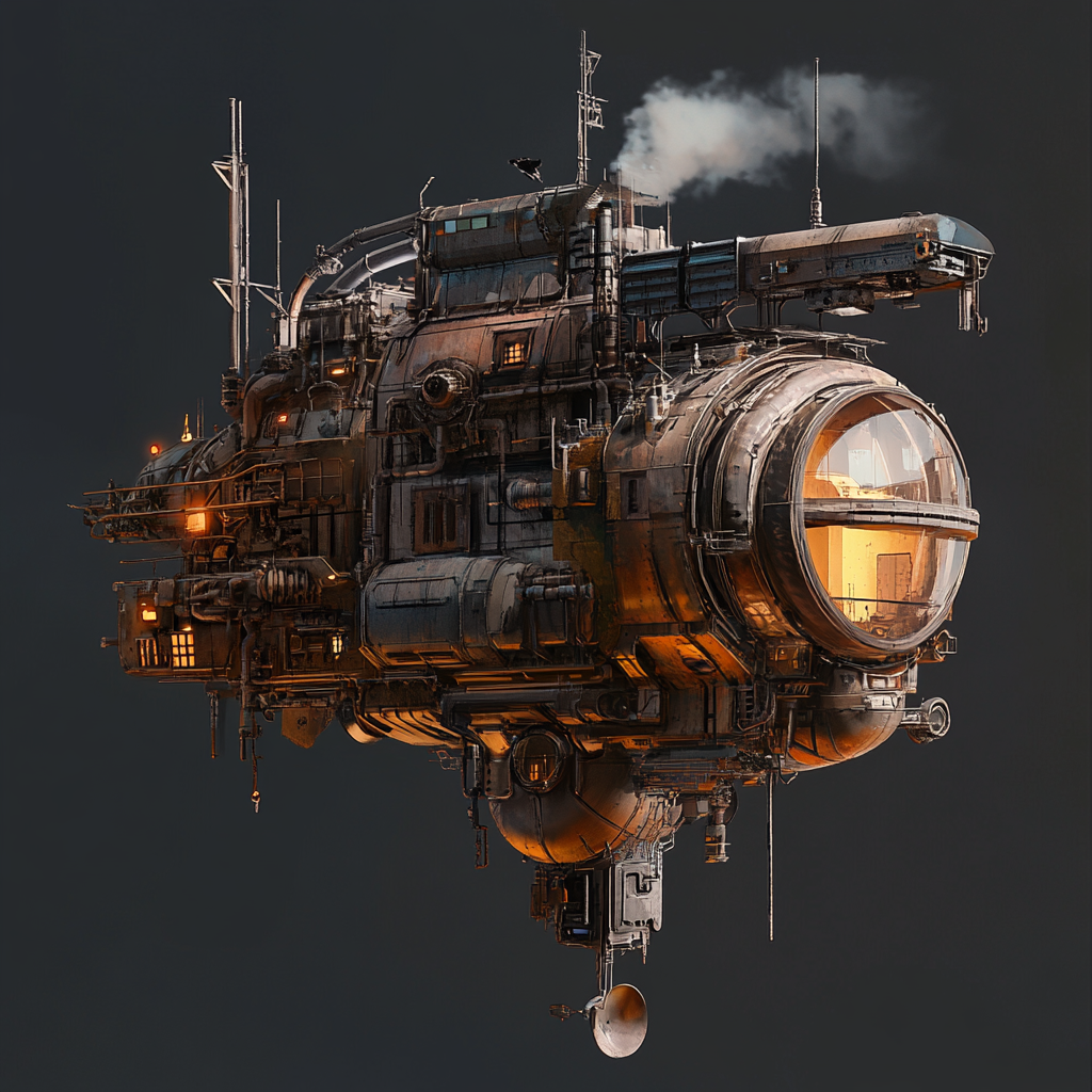 Steam punk ship part made of junk, living space concept.