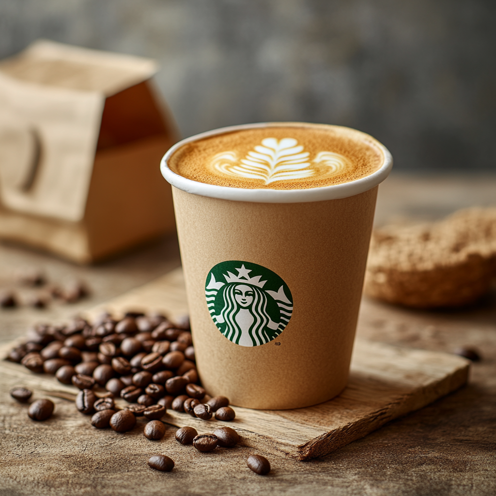 Steaming coffee cup with fresh beans, like Starbucks.