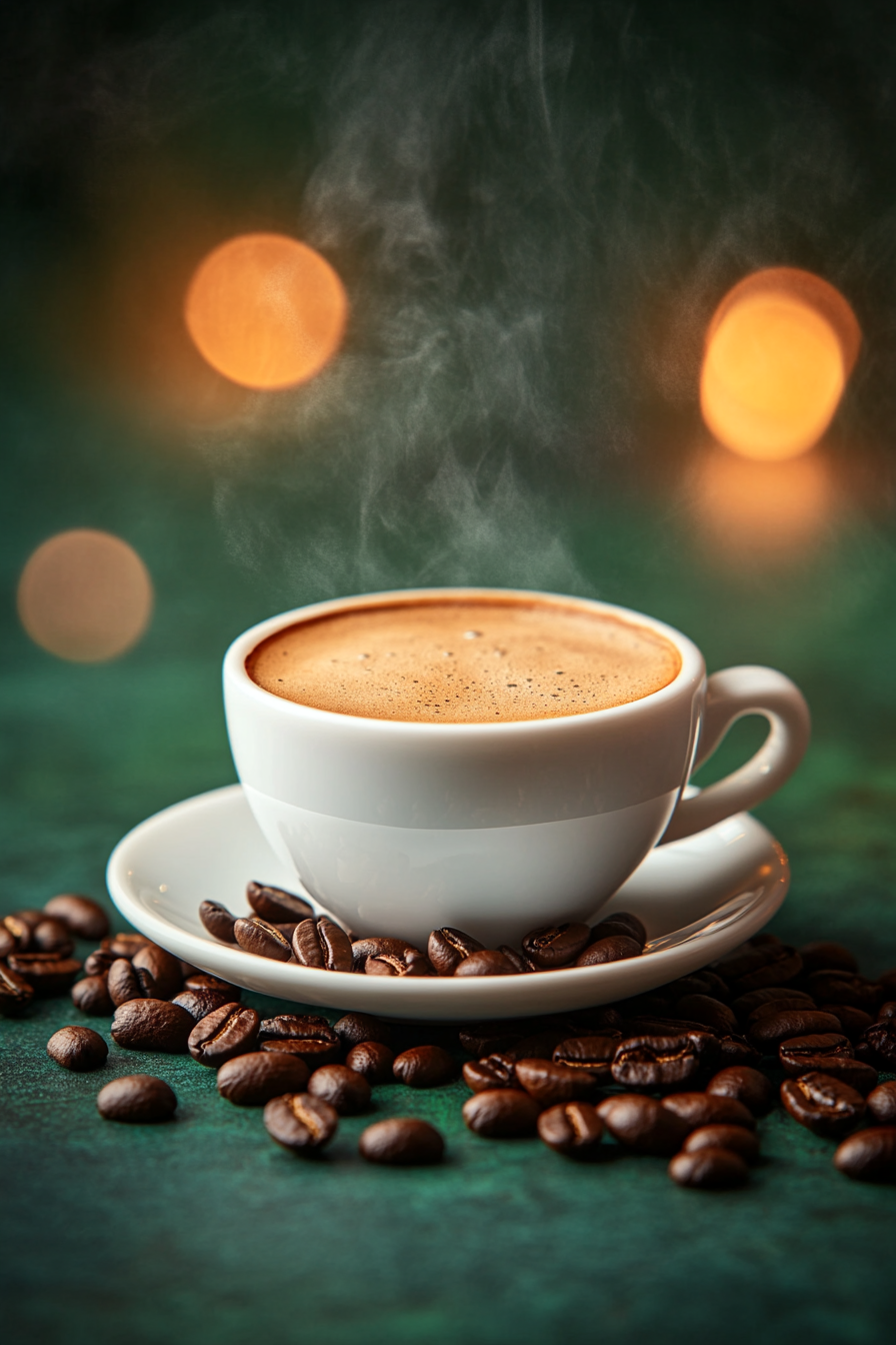 Steaming coffee cup with roasted beans on green background.