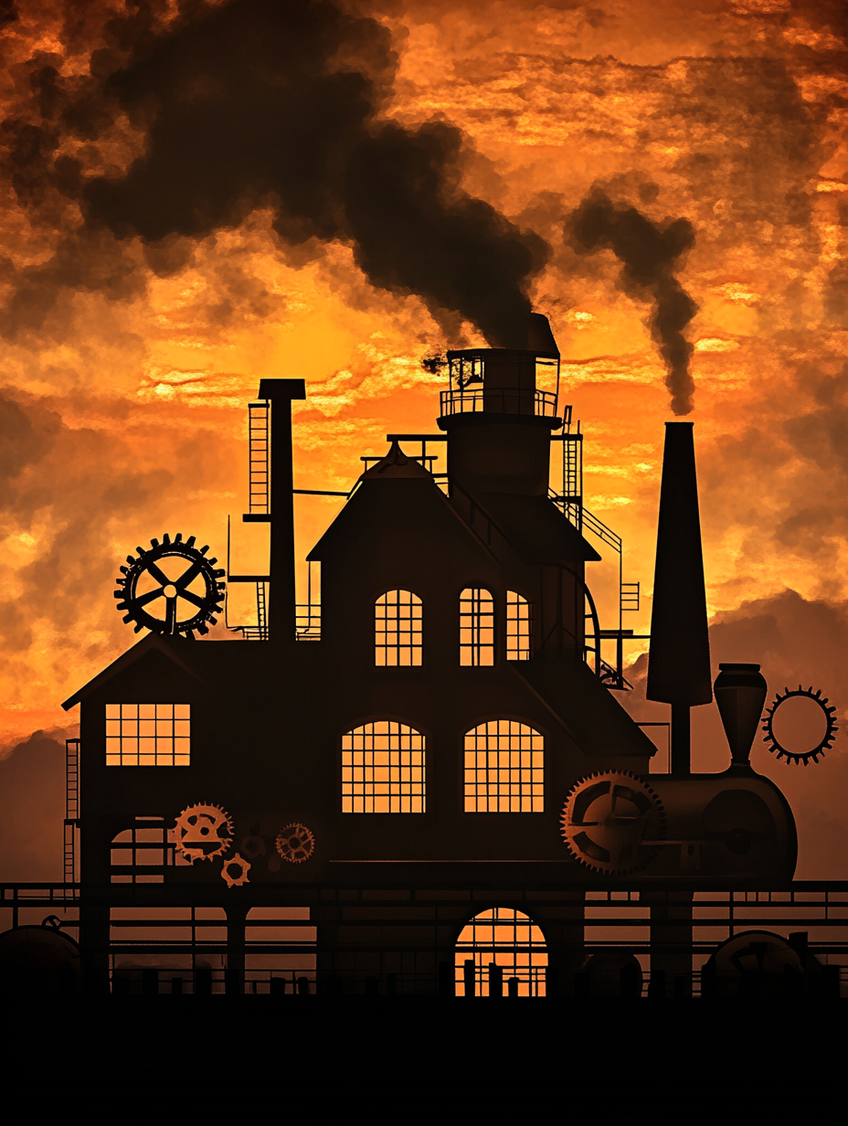 Steampunk train station building with gears and steam engine