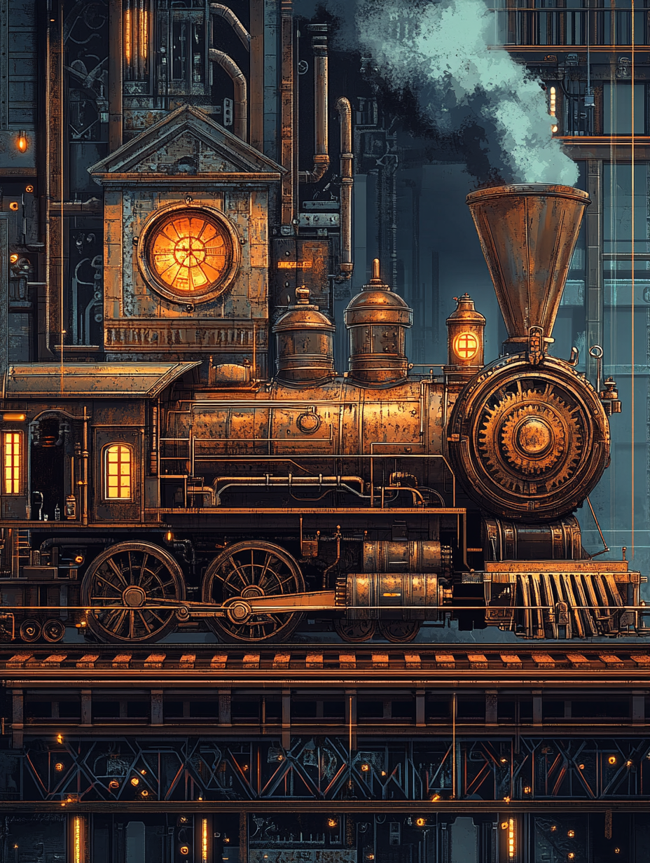 Steampunk train station with gears and steam engine