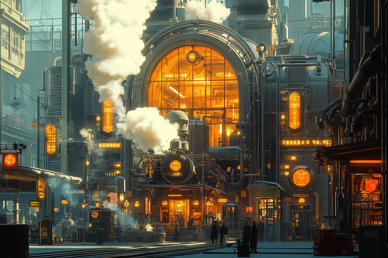 Steampunk trains at station with steam and sunlight.