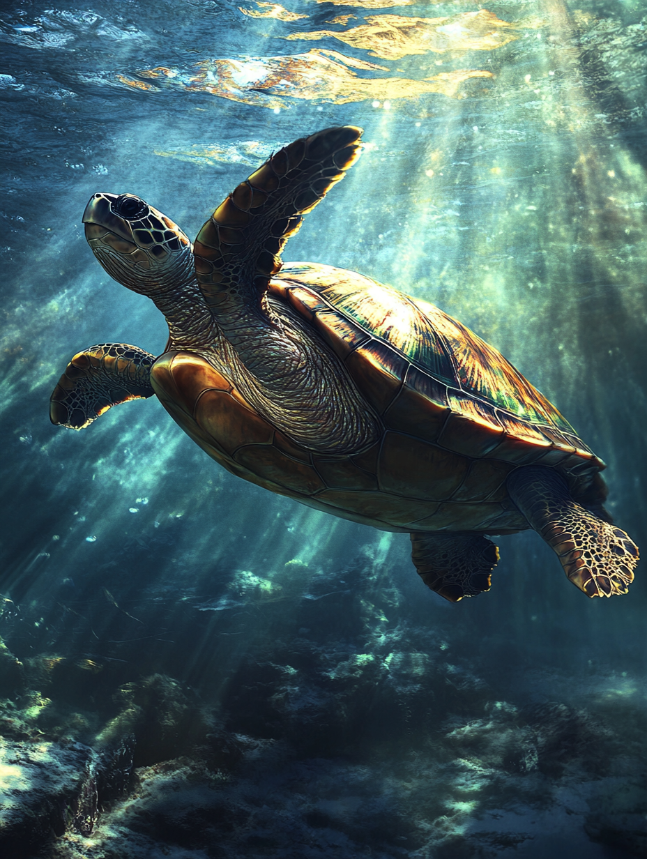 Steel-like turtle shell shines underwater, strong and durable.