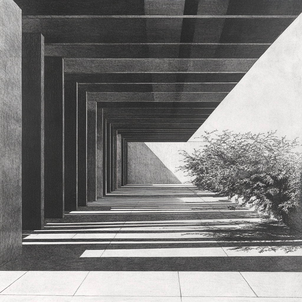 Stepped pergola roof in between rectangular buildings.