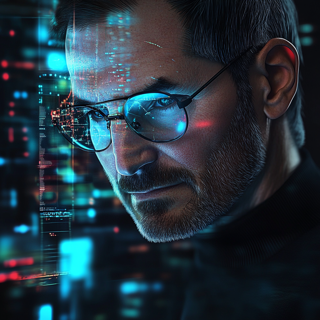 Steve Jobs in AR glasses viewing 3D anime hologram