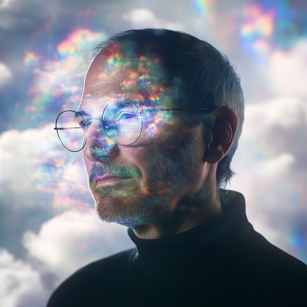 Steve Jobs looks at hologram in anime style