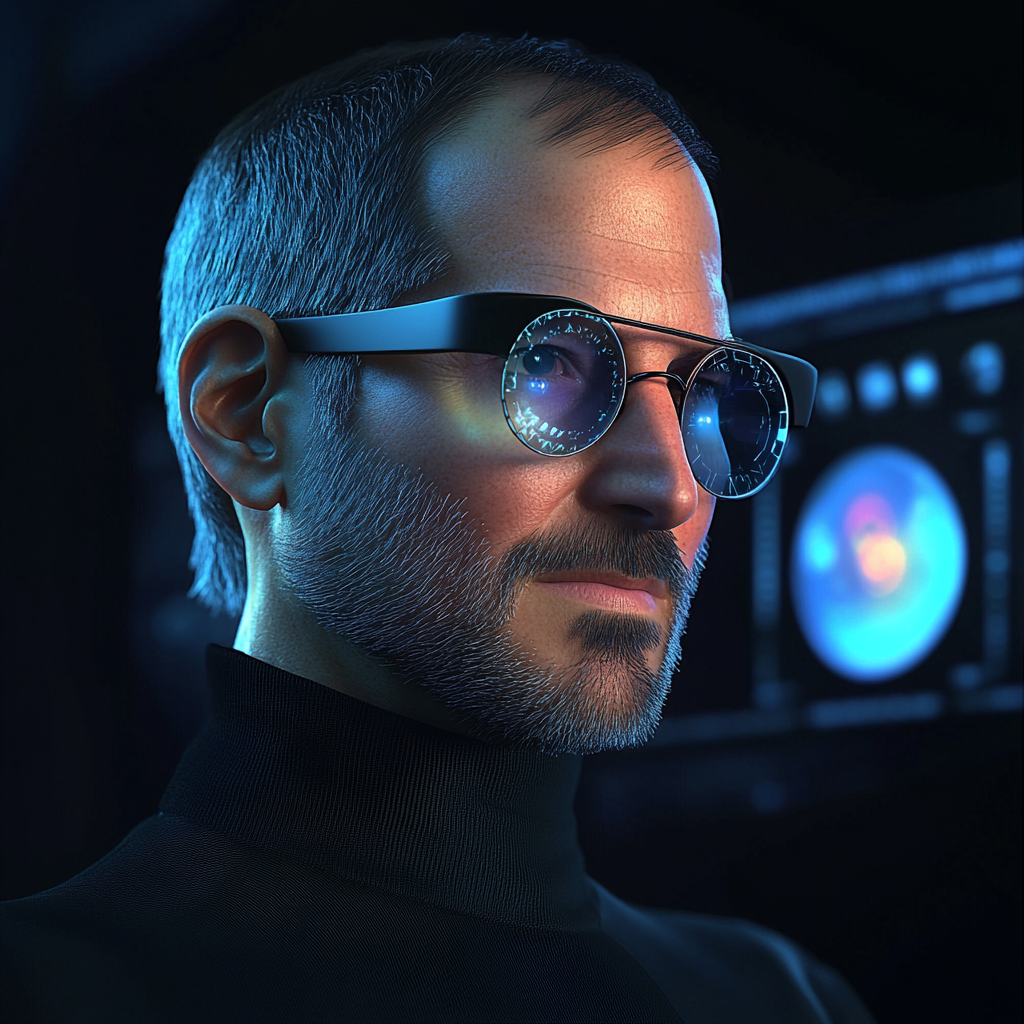 Steve Jobs wearing cool glasses, looking at hologram