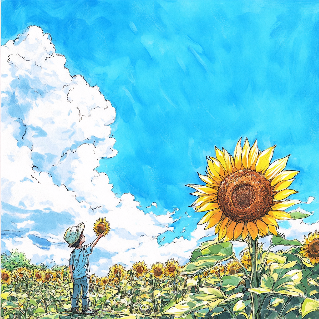 Stick figure picking sunflower at reality vortex. Bright, colorful.