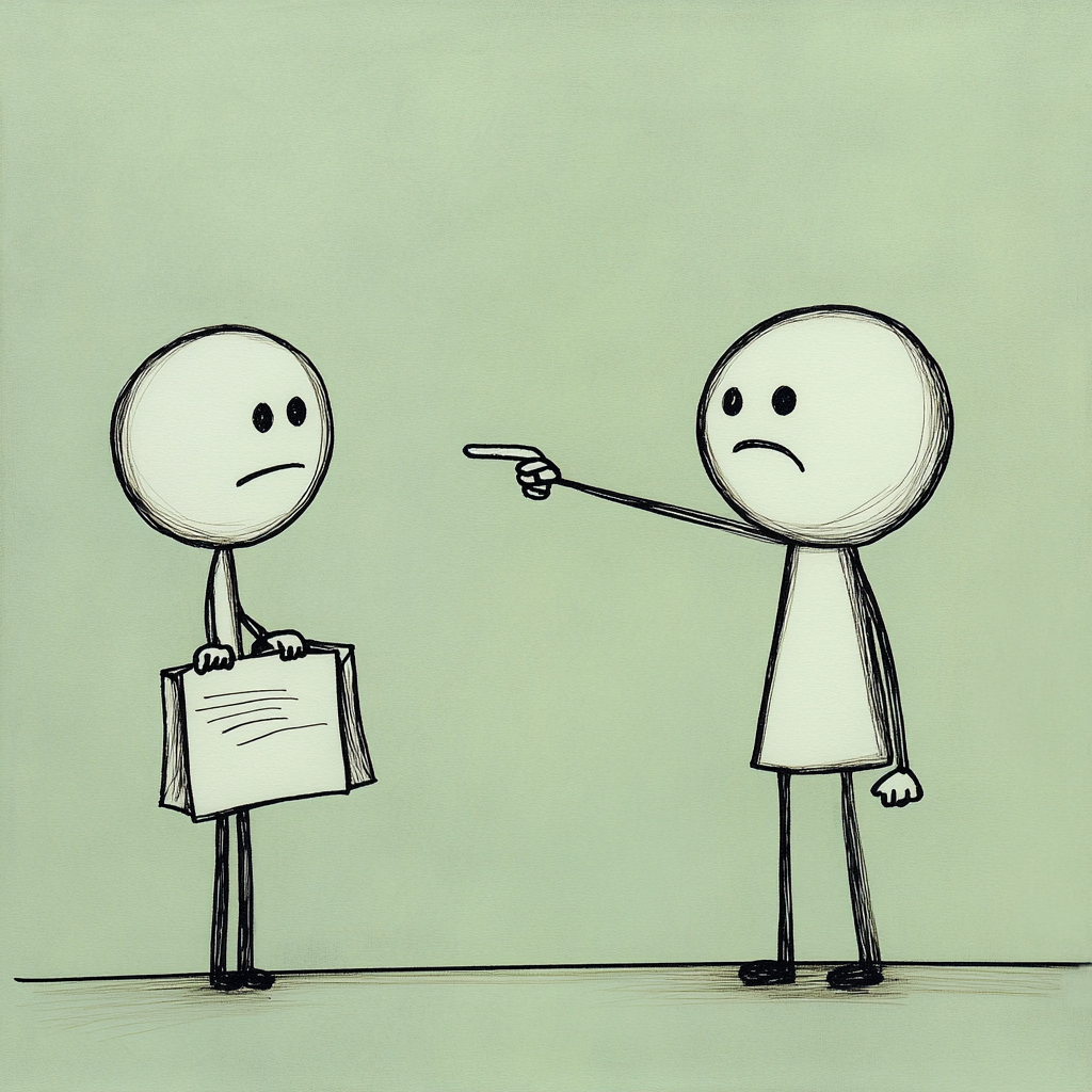 Stick figure pointing finger at person with bag, paper.