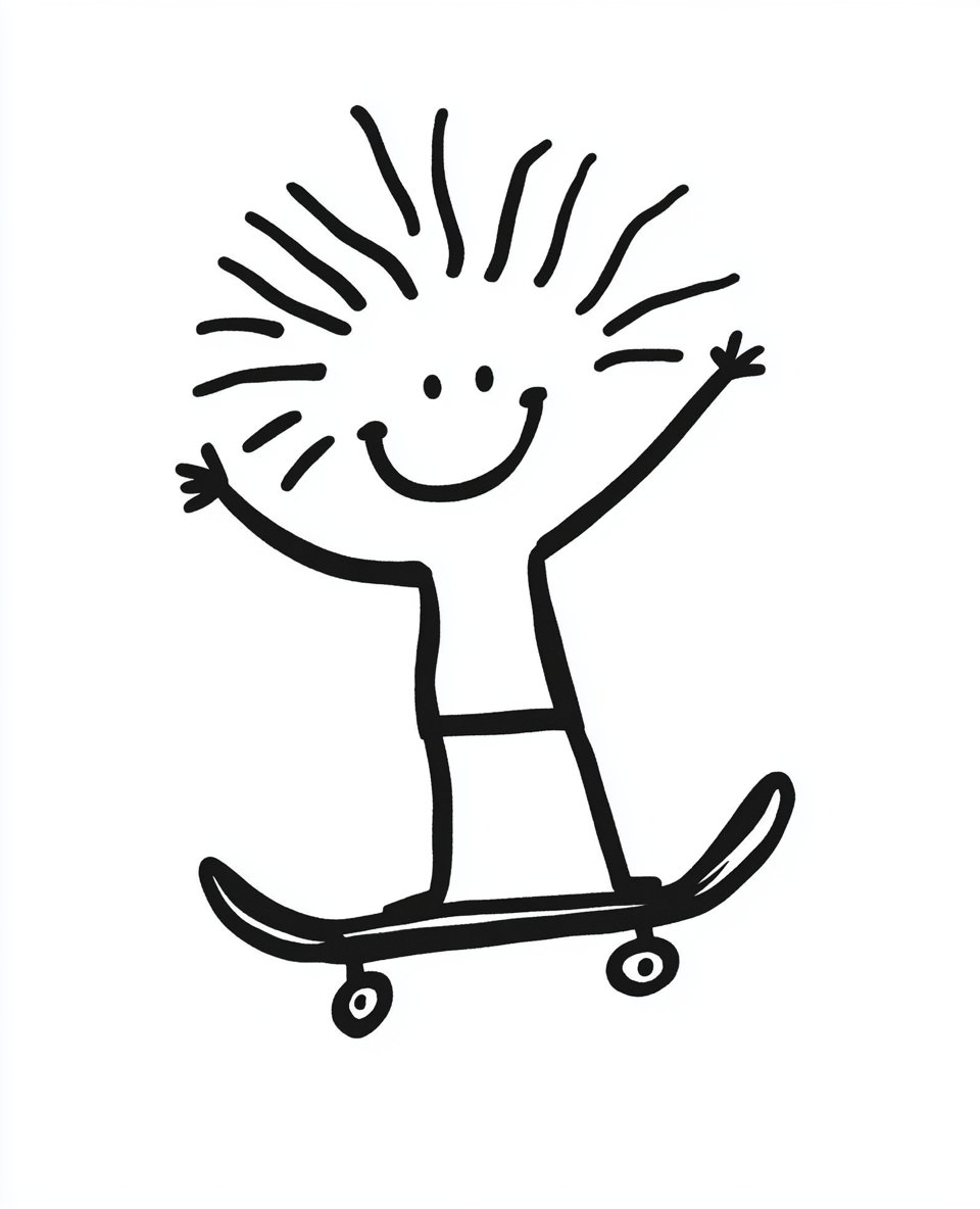 Stick figure surfing on Keith Haring sun with skateboard.