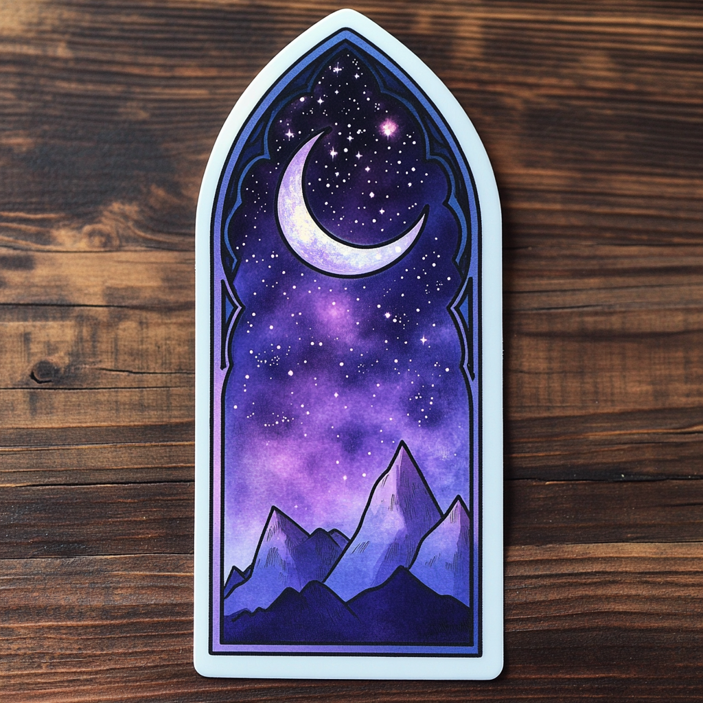 Sticker design with night sky, crescent moon, mountain silhouettes