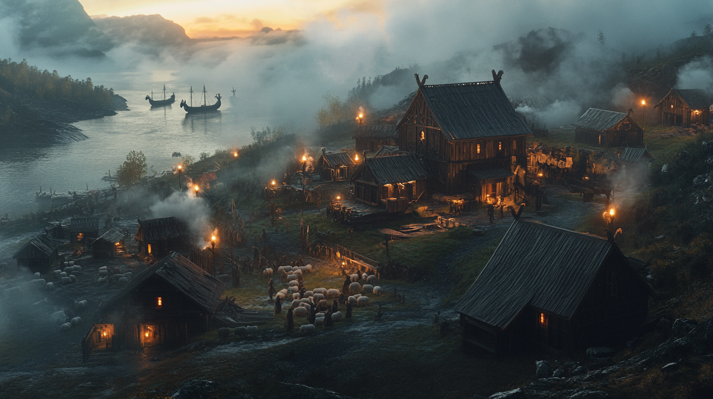 Still from fantasy D&D movie, wooden viking village defended.