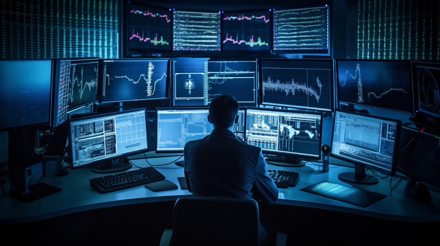 Intense stock trader surrounded by screens