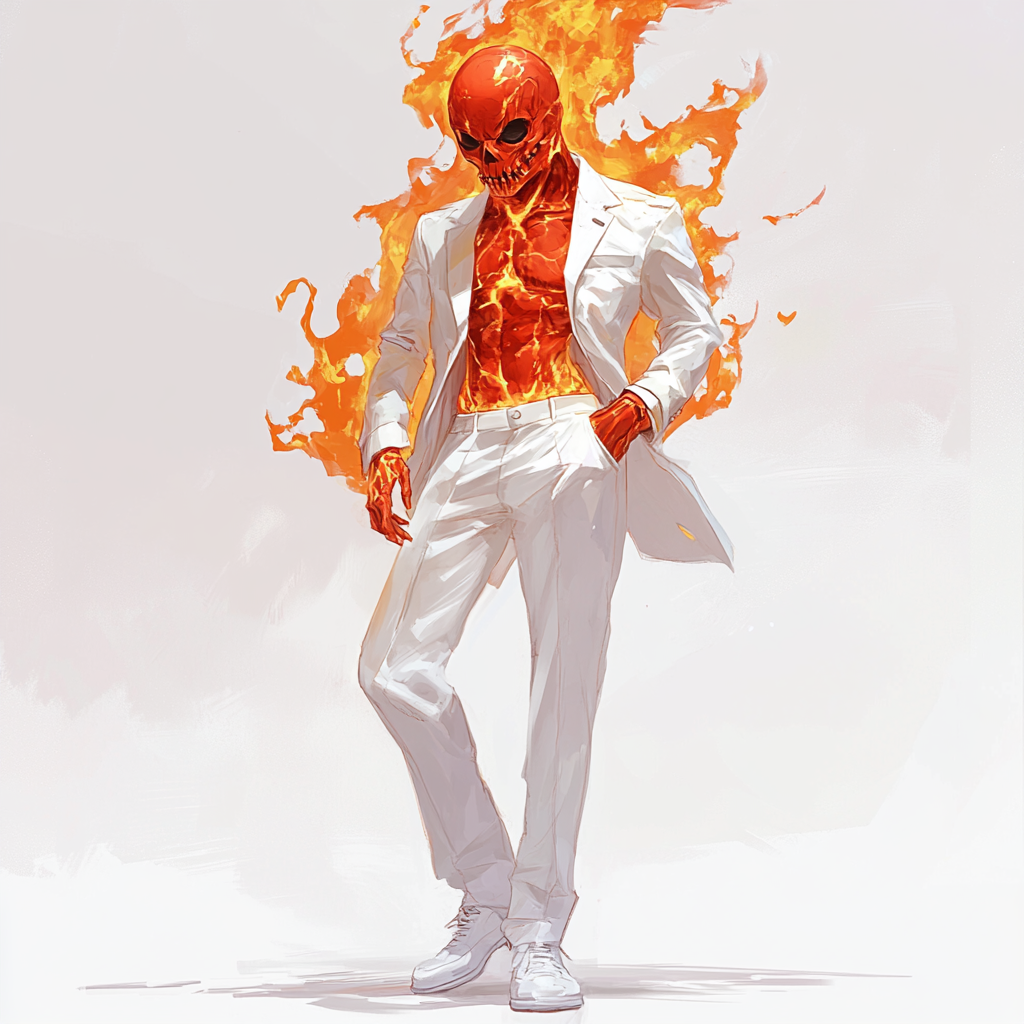 Stoic bad guy in flame body and skull head.