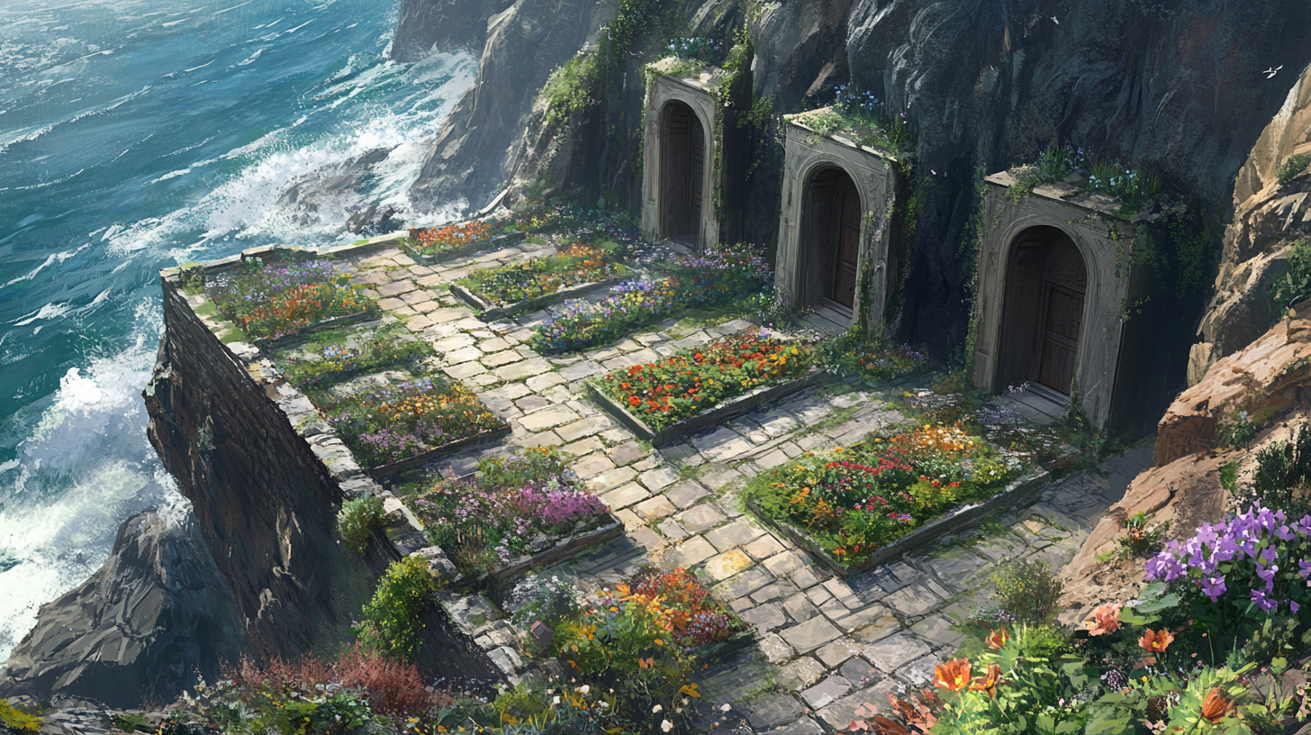 Stone Path Leads to Cliffside Doorways Garden