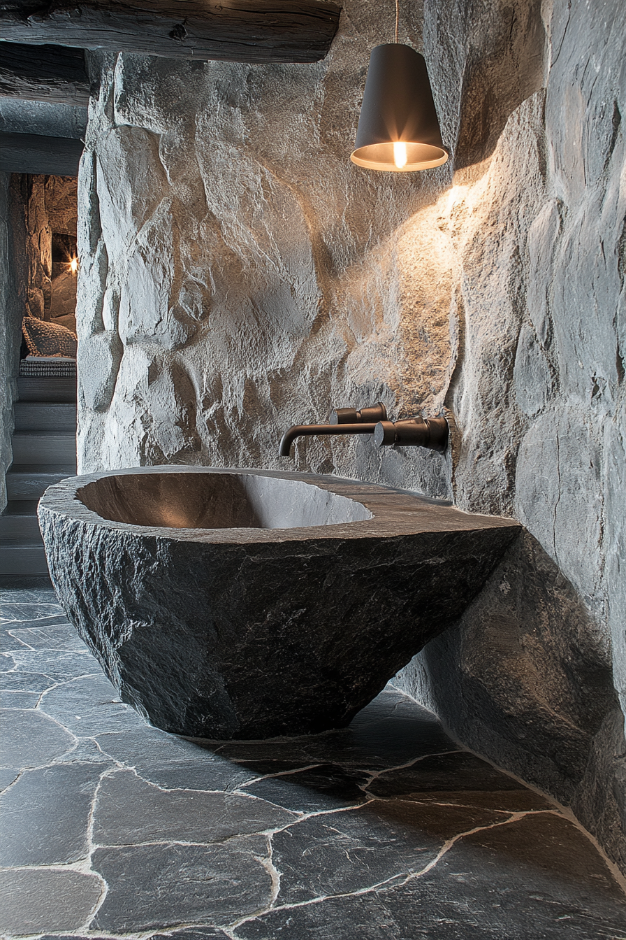 Stone Sanctuary bathroom with natural stone walls and basin.