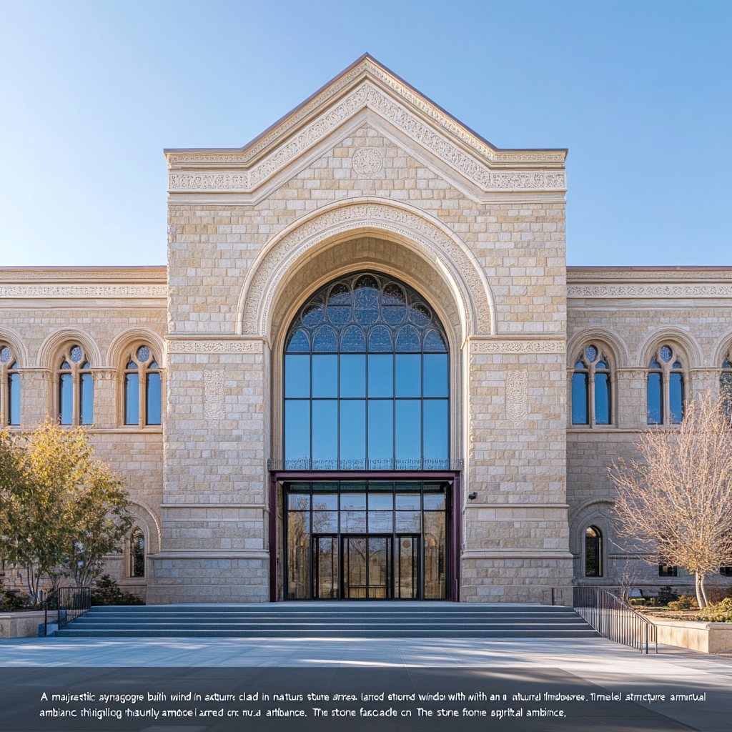 Stone-built synagogue with arched windows, invoking spiritual sanctuary.