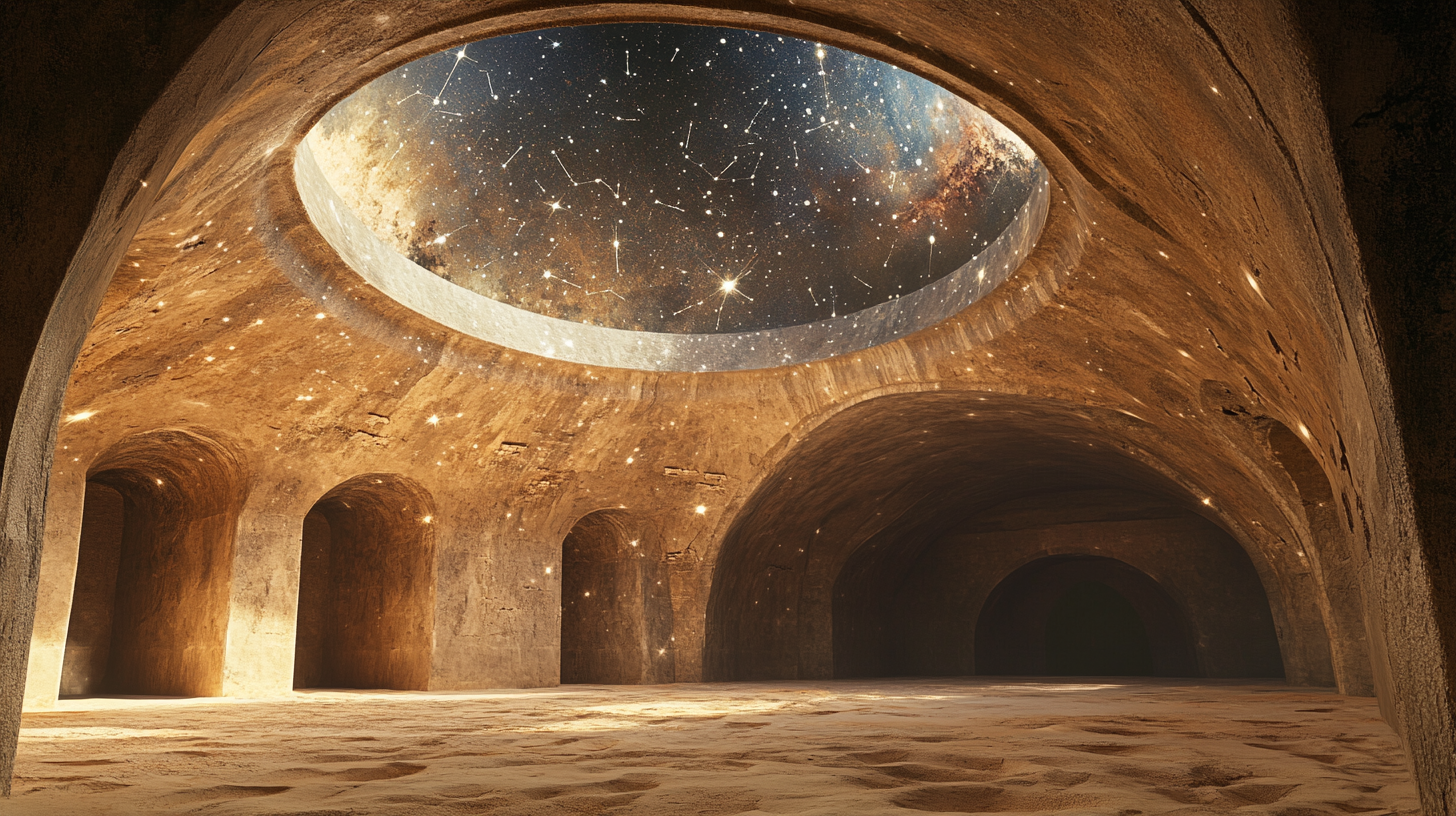 Stone room with sand floor, carved constellations on walls.