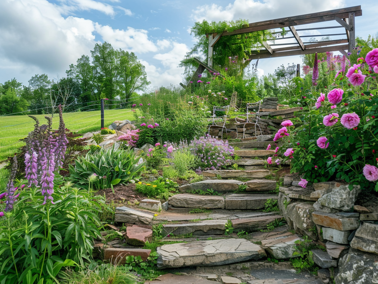 Stone steps, perennials, pergola, wooden bench in countryside garden.