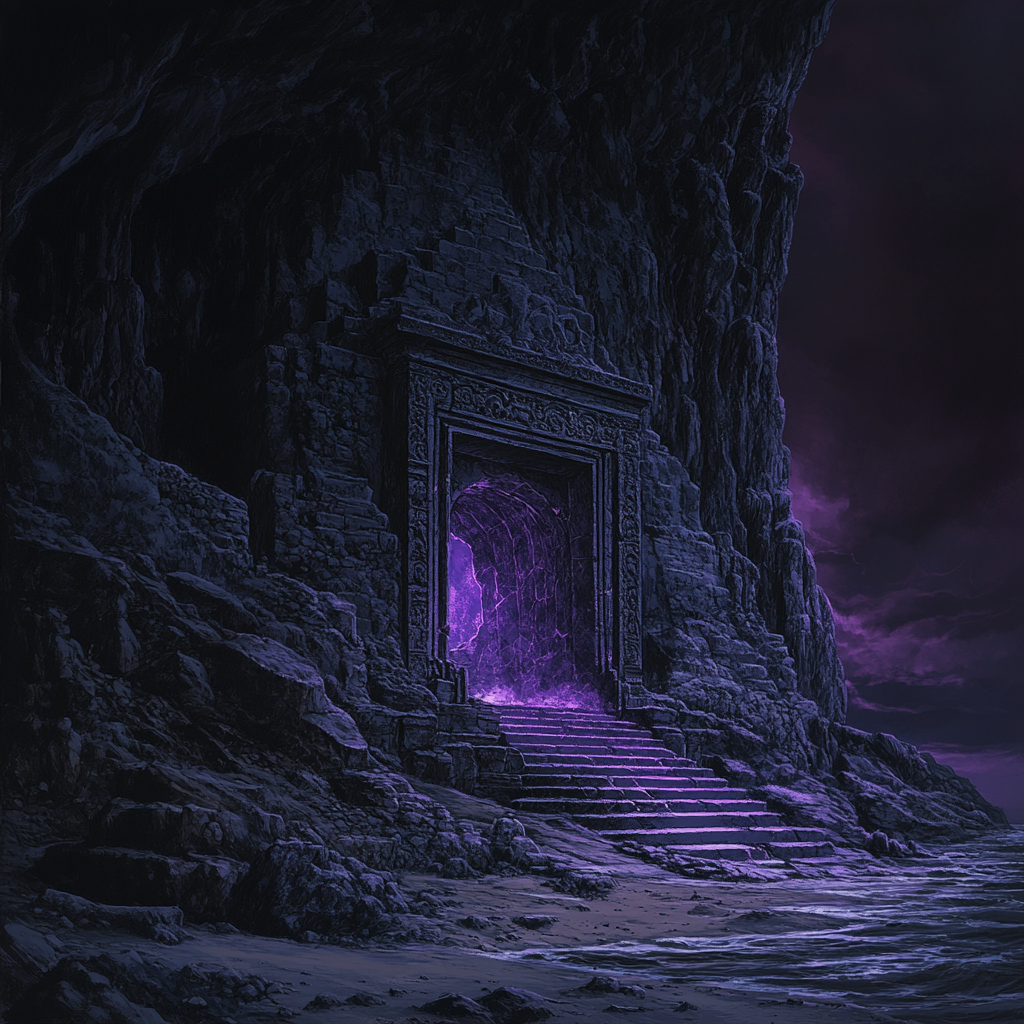 Stone temple door with purplish glow in dark cave.