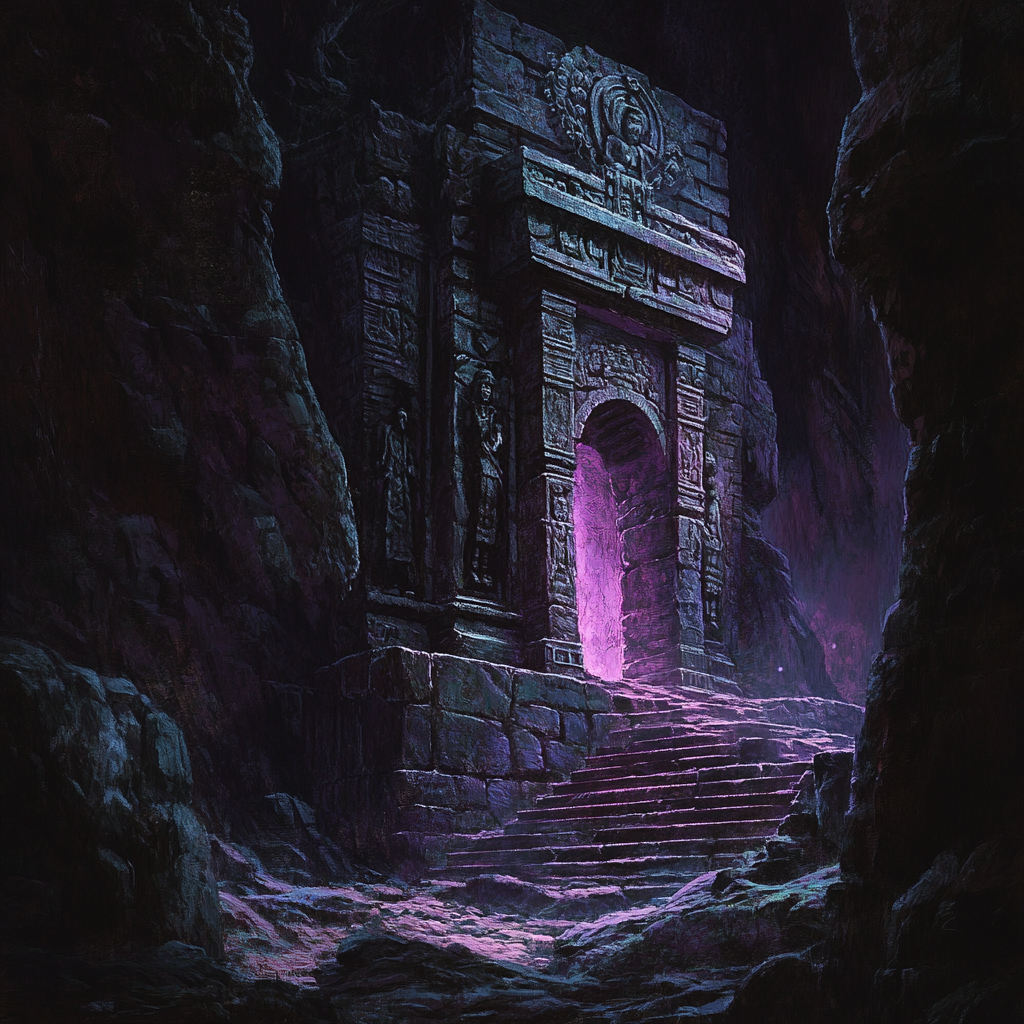 Stone temple in cave with purplish glow, intricate carvings.