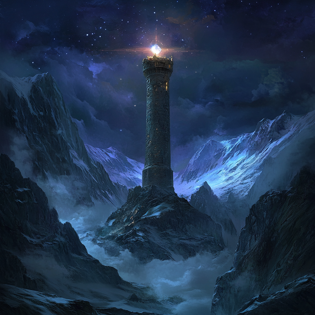 Stone tower in mountains, glowing gemstone illuminates surroundings.