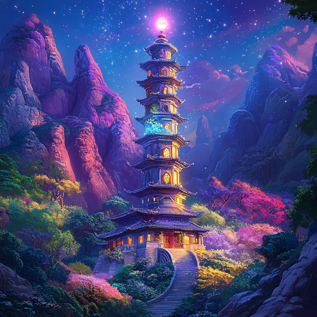 Stone tower with Chinese architecture, intricate details, gemstone glow.