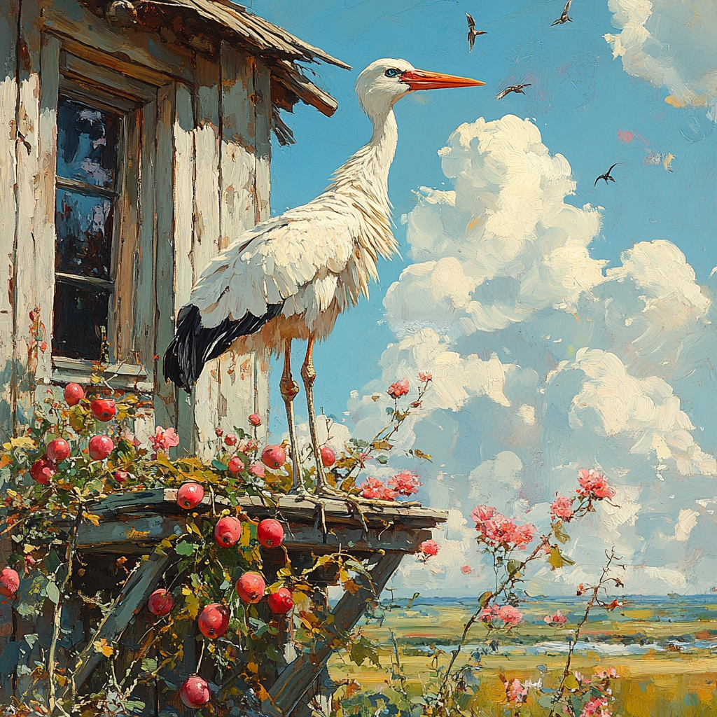 Stork flies to build nest at parents' house. Ukraine village. Flowers, old parents on porch. Sky with cranberry keys.