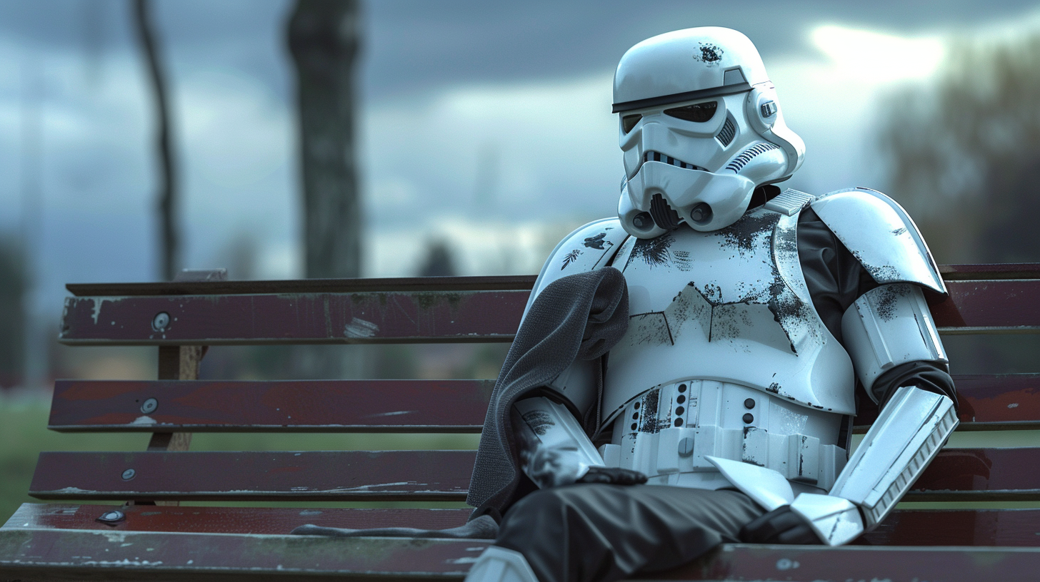 Storm trooper cleaning helmet on bench, realistic 4K image.