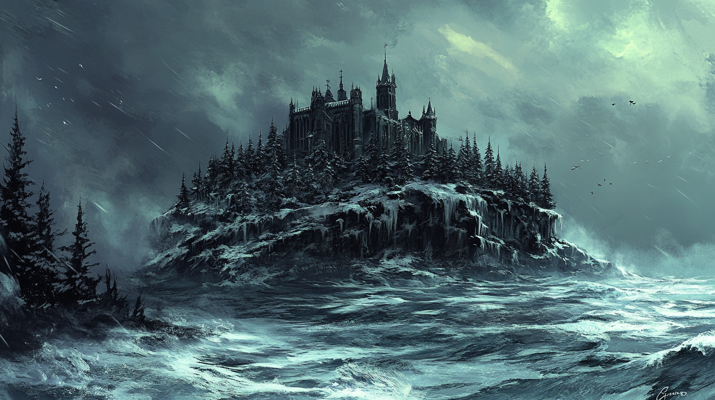 Stormy sea, icy cliffs, haunting gothic mausoleum on island.