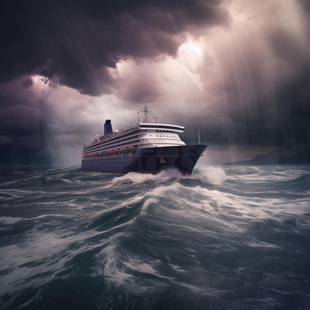 Stormy seas, lightning strikes, cruise ship with crown.