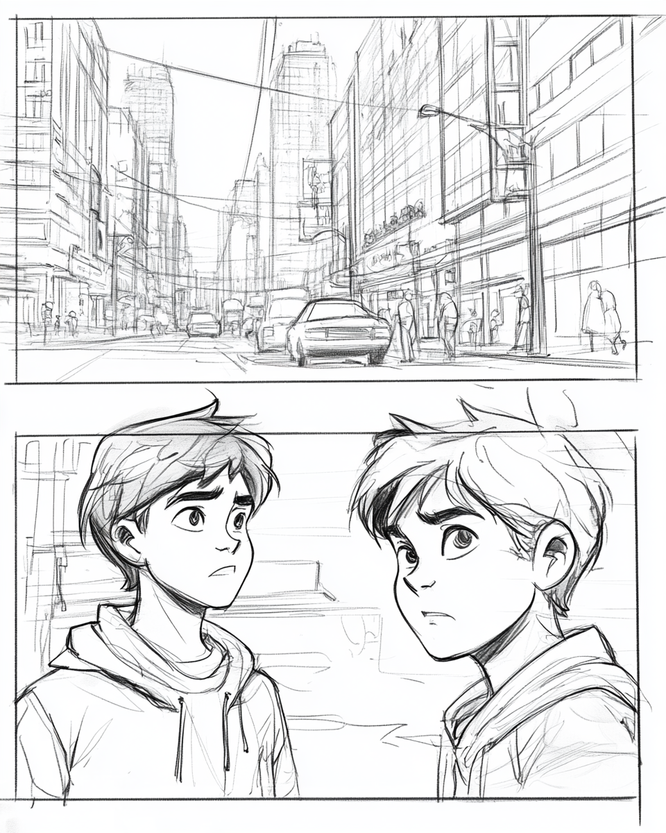 Storyboard sketch of city street scene with characters conversing.