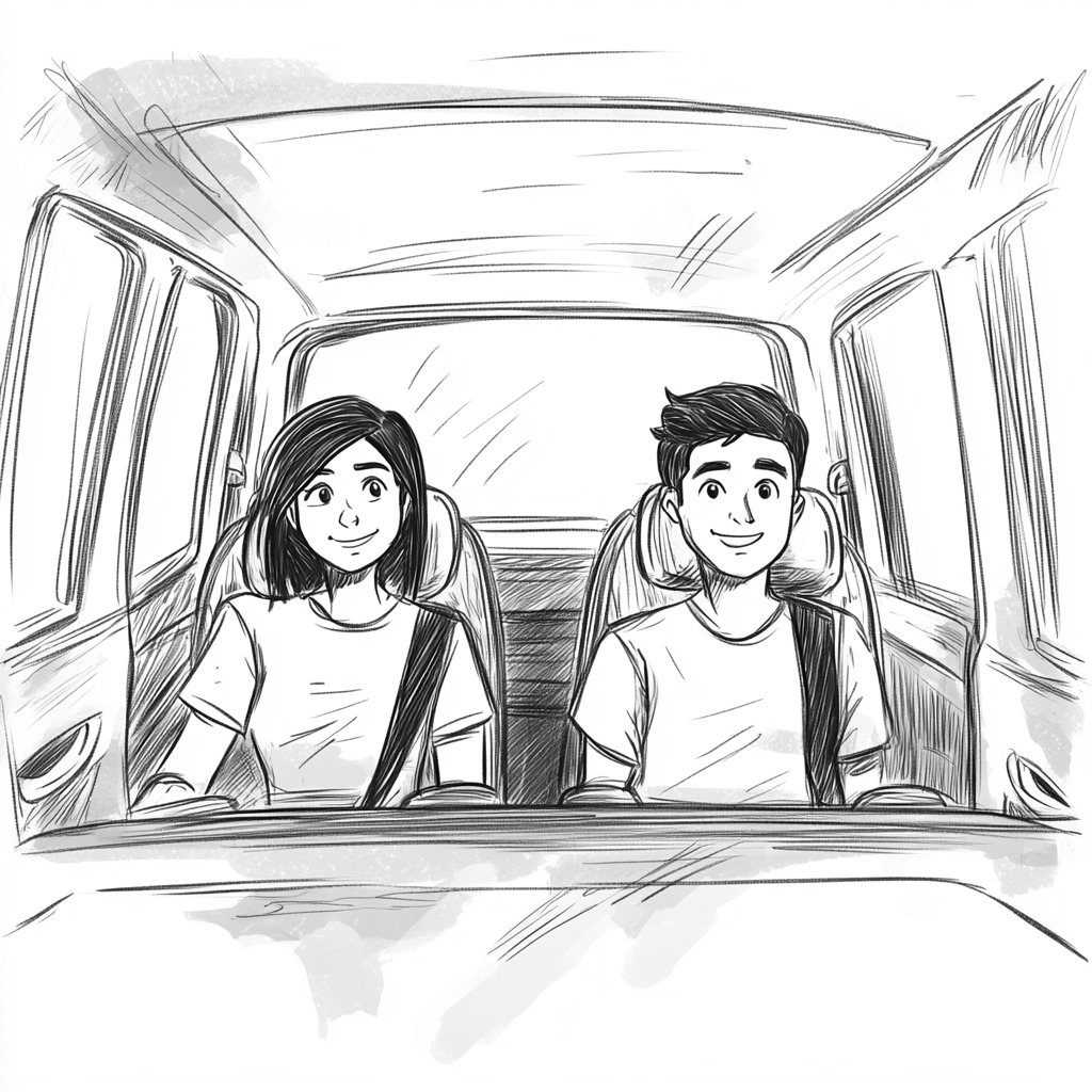 Storyboard sketch of man and woman in SUV smiling.