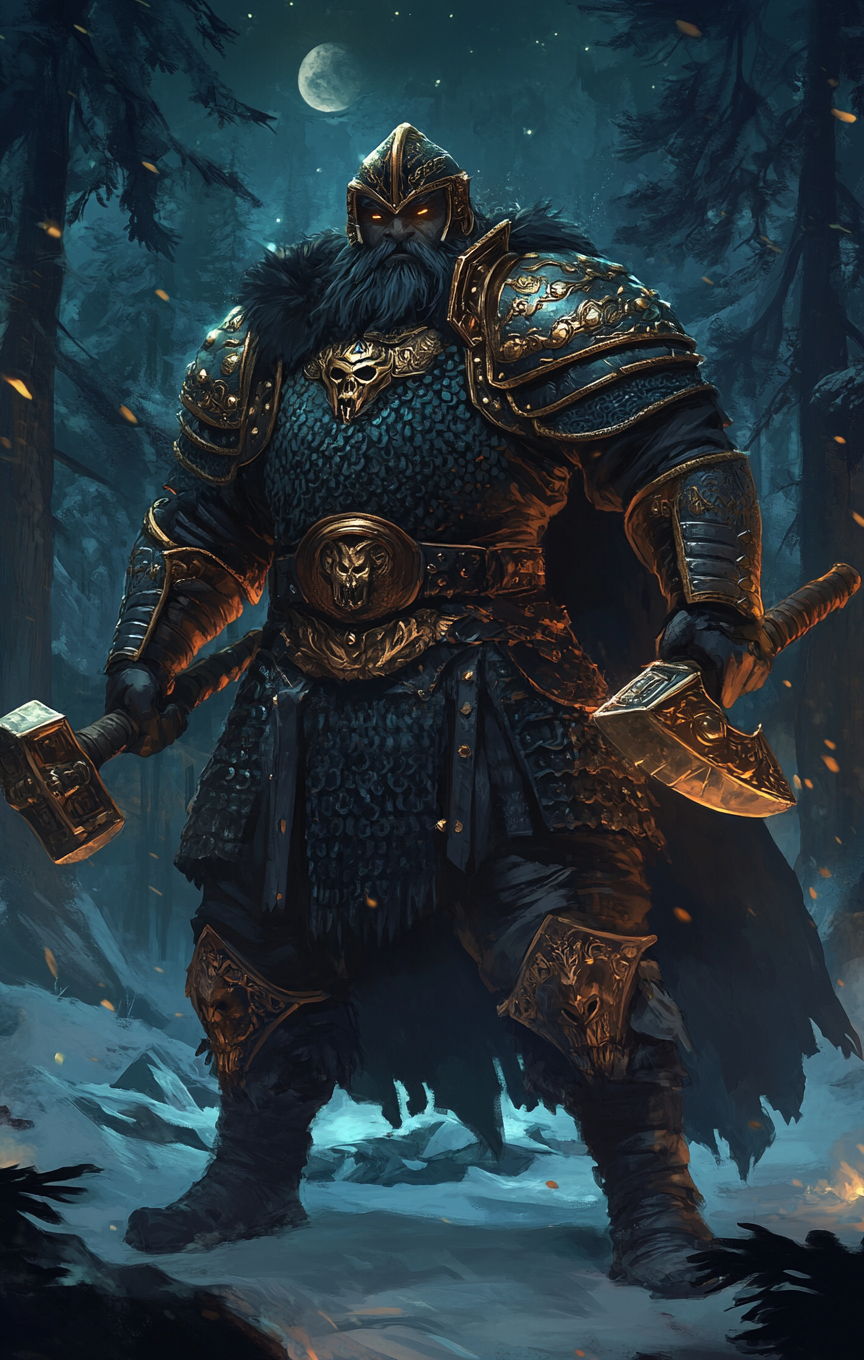 Stout dwarven enforcer in banshee armor with maces.