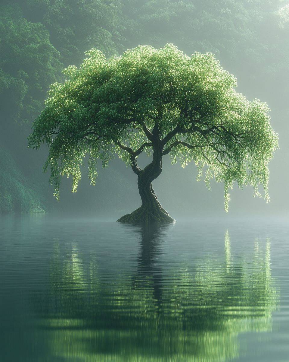 Strange, surreal tree in large lake, soft light.