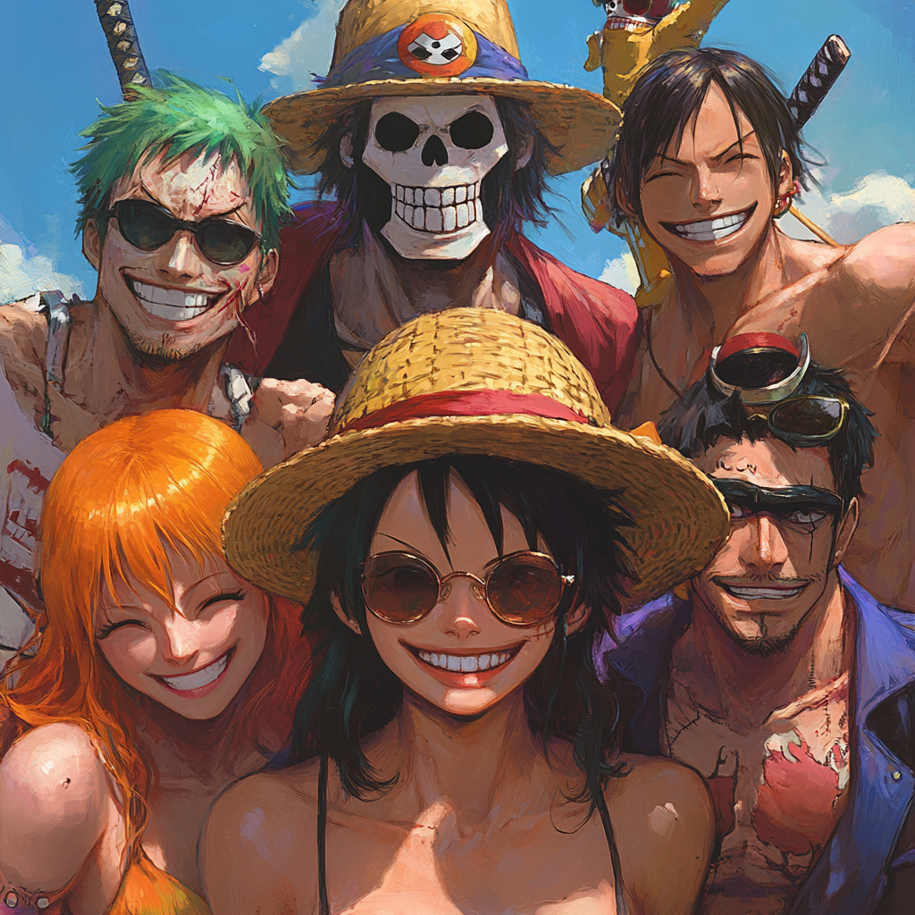 Straw Hat Crew smiling with unique appearances.