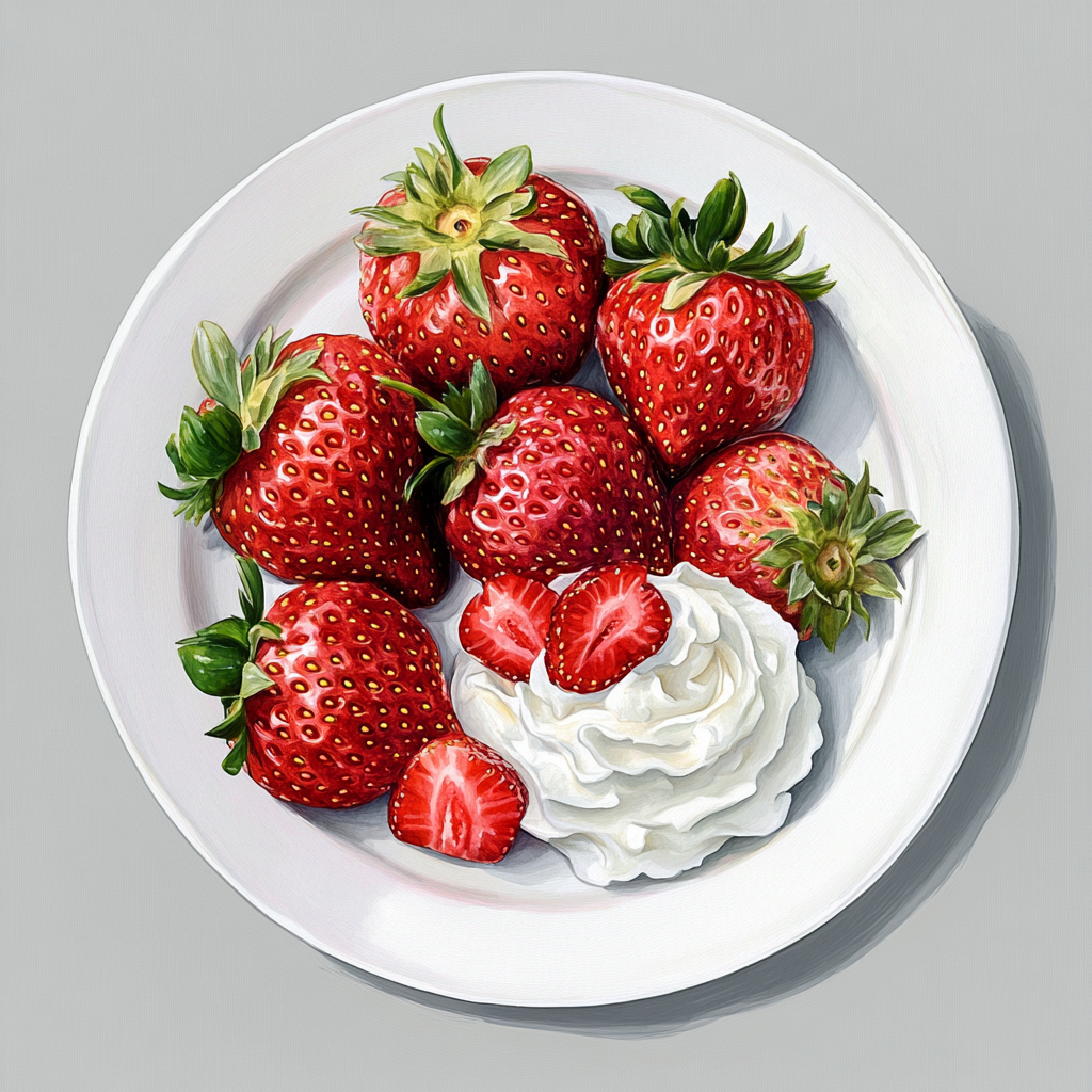 Strawberries and Whipped Cream on White Plate