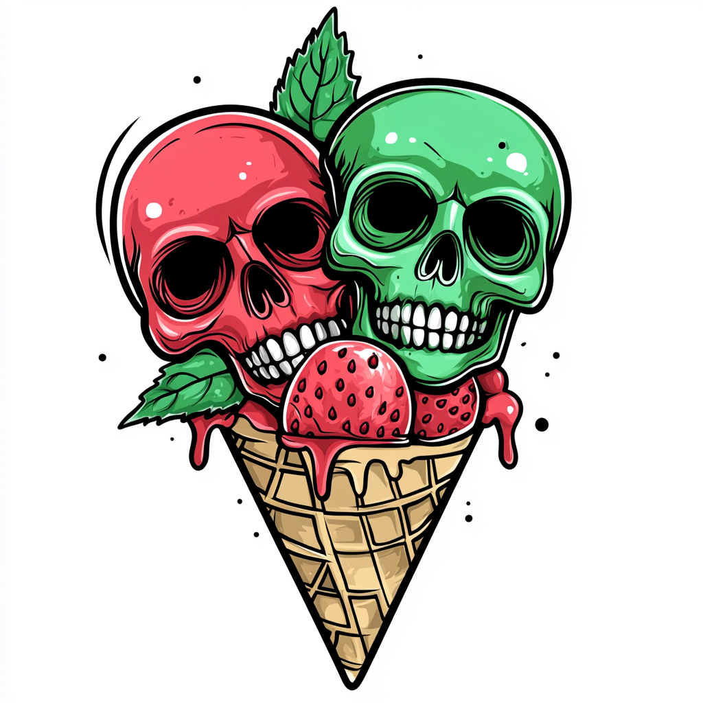 Strawberry and mint ice cream skulls in cone.