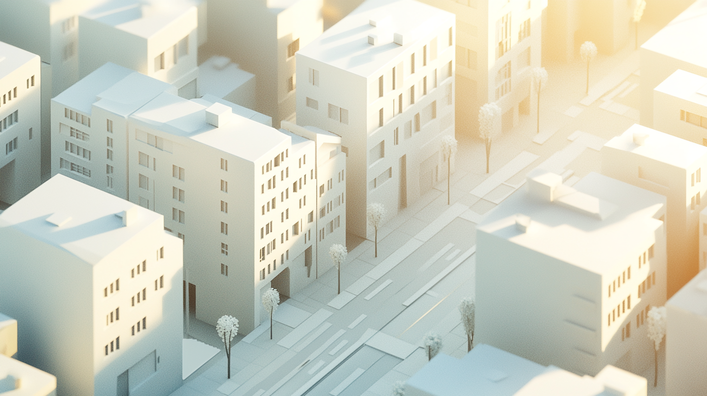 Street in white city with cubical buildings, sunny horizon.