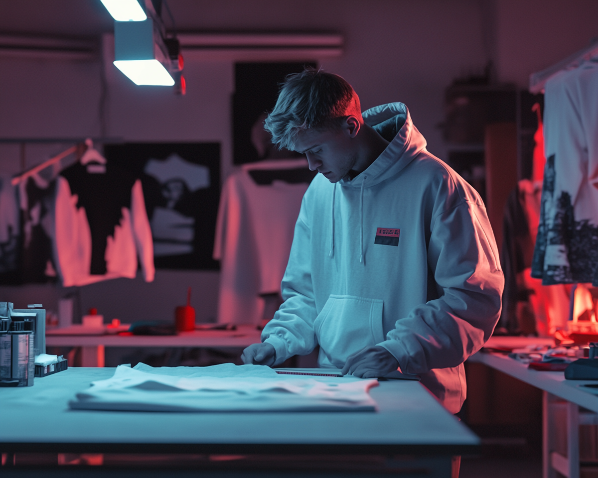 Streetwear designer measuring oversized hoodie in studio