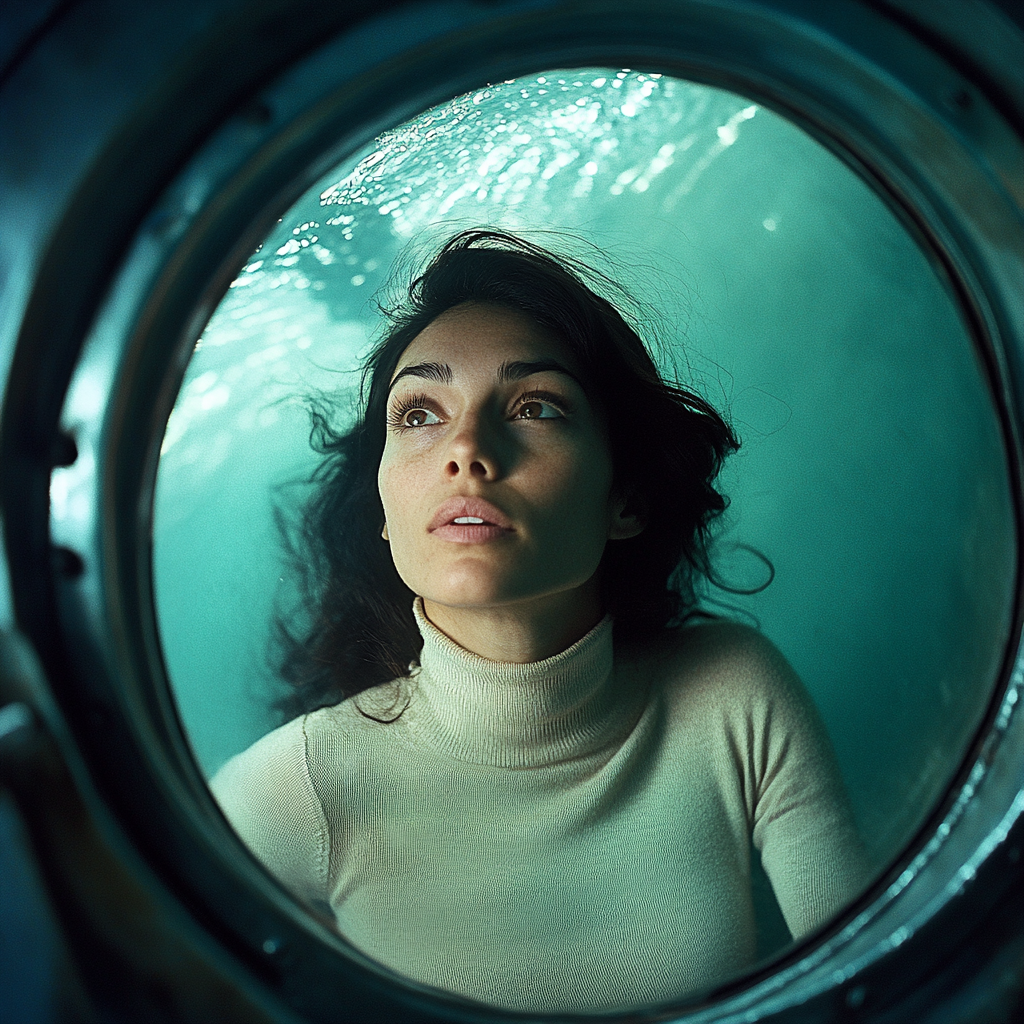 Stressed Chilean woman swimming to surface from submarine.